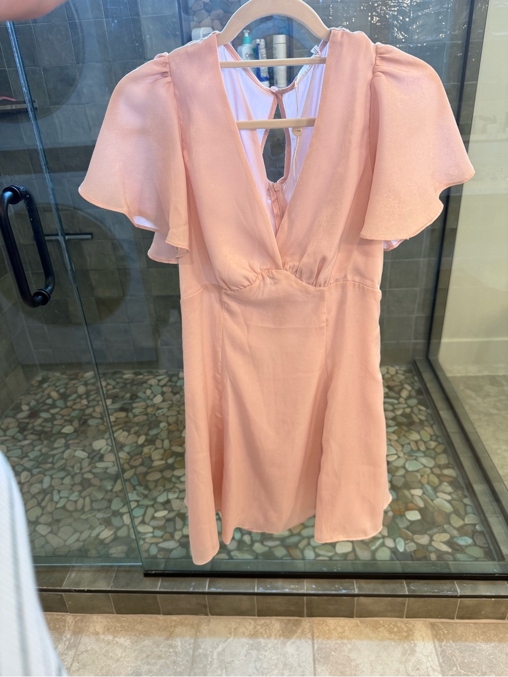 Lush Pale Blush V-Neck Flutter Sleeve dress